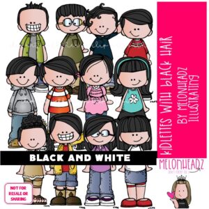 Kidlettes with Black Hair clip art, Kids clip art BLACK AND WHITE