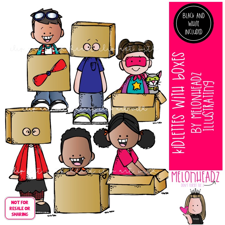 Kidlettes with boxes clip art, play, imagination Mini