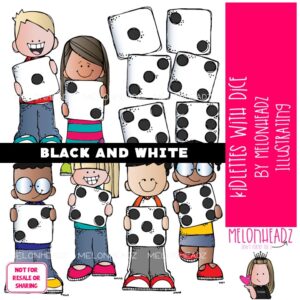 Kidlettes With Dice clip art, game, math BLACK AND WHITE