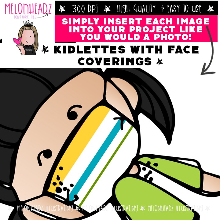 Kidlettes With Face Coverings clip art, pandemic, face mask COLORED Version - Image 3