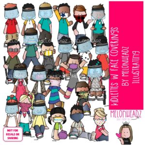 Kidlettes With Face Coverings clip art, pandemic, face mask COLORED Version