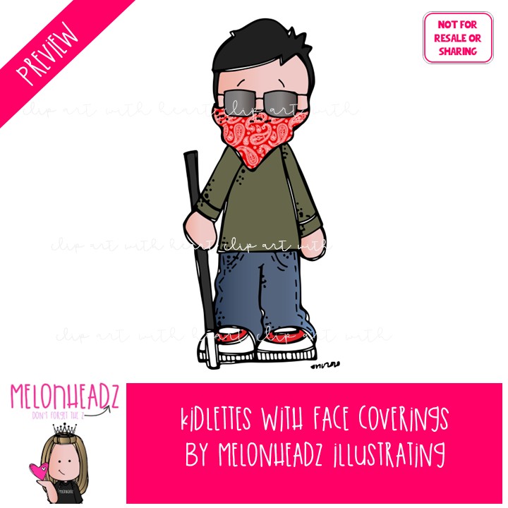 Kidlettes With Face Coverings clip art, pandemic, face mask COLORED Version - Image 2