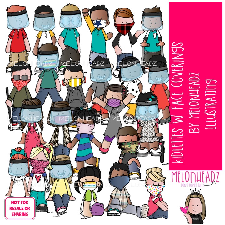 Kidlettes With Face Coverings clip art, pandemic, face mask COLORED Version