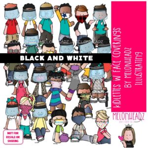 Kidlettes with Face Coverings clip art, pandemic, face mask BLACK AND WHITE