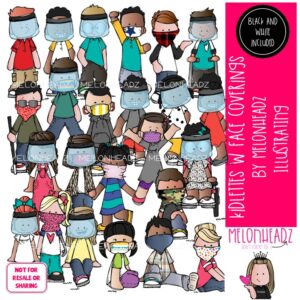 Kidlettes with face coverings clip art, pandemic, face mask COMBO PACK