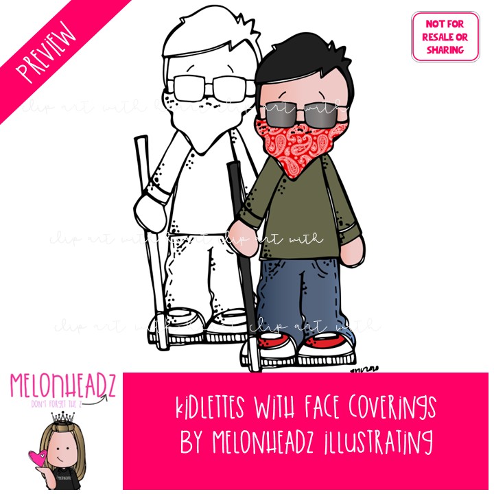 Kidlettes with face coverings clip art, pandemic, face mask COMBO PACK - Image 2