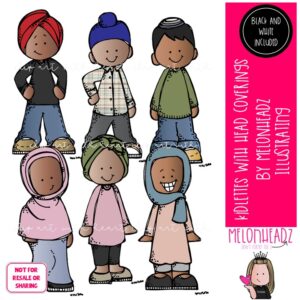 Kidlettes with head coverings clip art, hijab, turban Mini