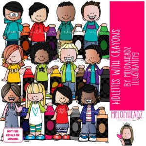 Kidlettes With Crayons clip art, school supplies, colors COLORED Version