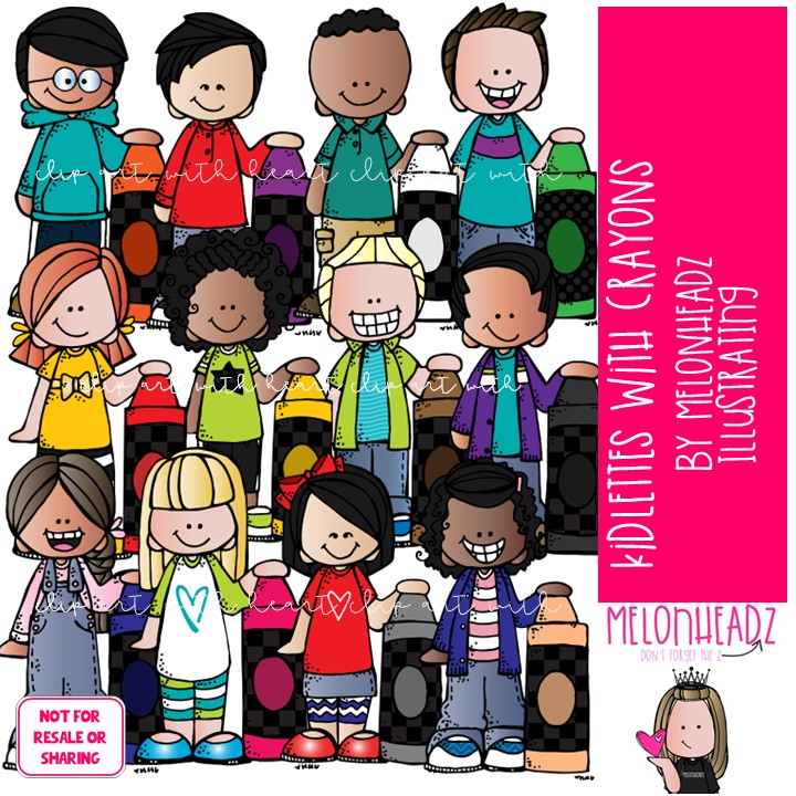 Kidlettes With Crayons clip art, school supplies, colors COLORED Version