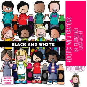 Kidlettes and Crayons clip art, school supplies, colors BLACK AND WHITE