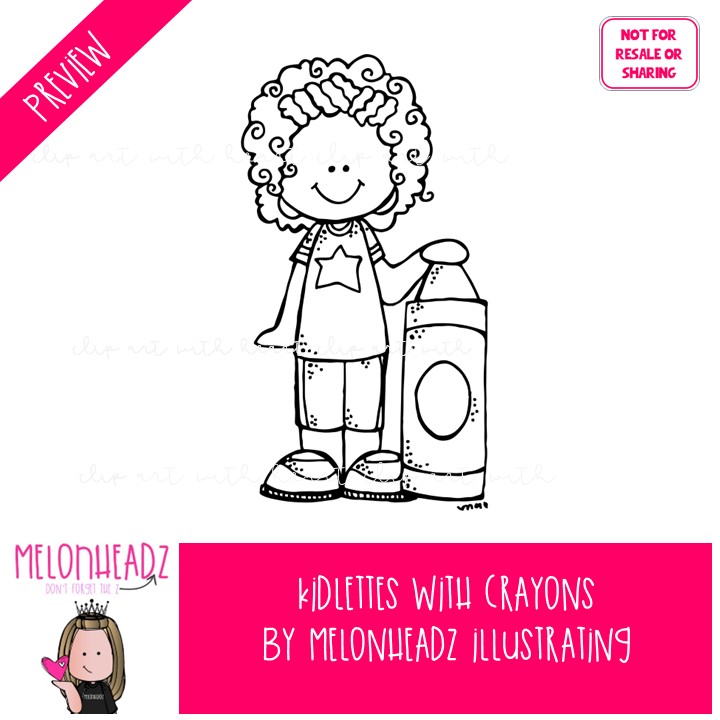 Kidlettes and Crayons clip art, school supplies, colors BLACK AND WHITE - Image 2