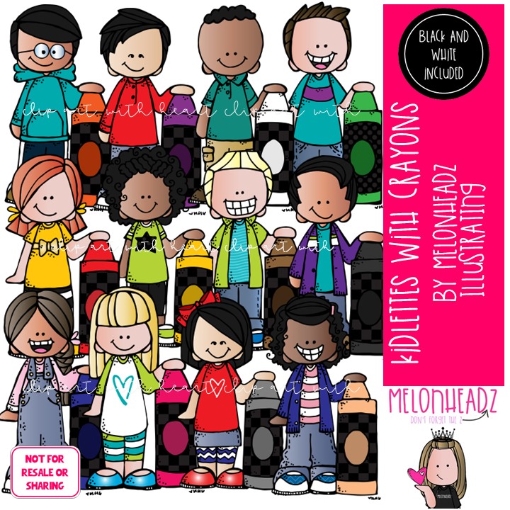 Kidlettes and Crayons clip art, school supplies, colors COMBO PACK