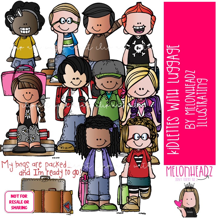 Kidlettes with Luggage clip art, vacation, travel COLORED Version