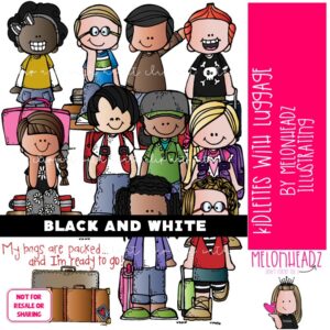 Kidlettes with Luggage clip art, vacation, travel BLACK AND WHITE