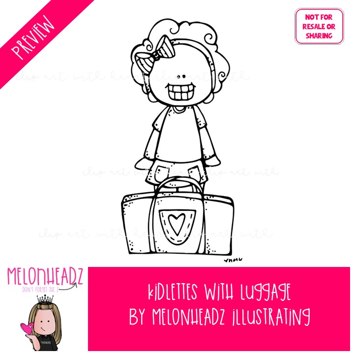 Kidlettes with Luggage clip art, vacation, travel BLACK AND WHITE - Image 2