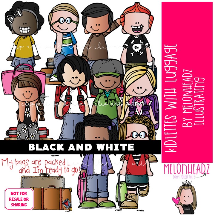 Kidlettes with Luggage clip art, vacation, travel BLACK AND WHITE
