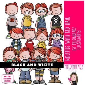 Kidlettes with Red Hair clip art, auburn BLACK AND WHITE