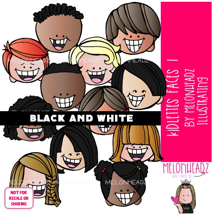 Kidlette Faces clip art 1, Kids clip art BLACK AND WHITE