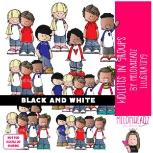 Kidlettes in Groups clip art, groups of kids clip art BLACK AND WHITE
