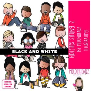 Kidlettes clip art 2, Sitting, criss cross BLACK AND WHITE