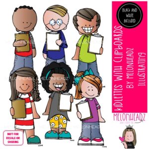 Kidlettes with clipboards clip art, writing Mini