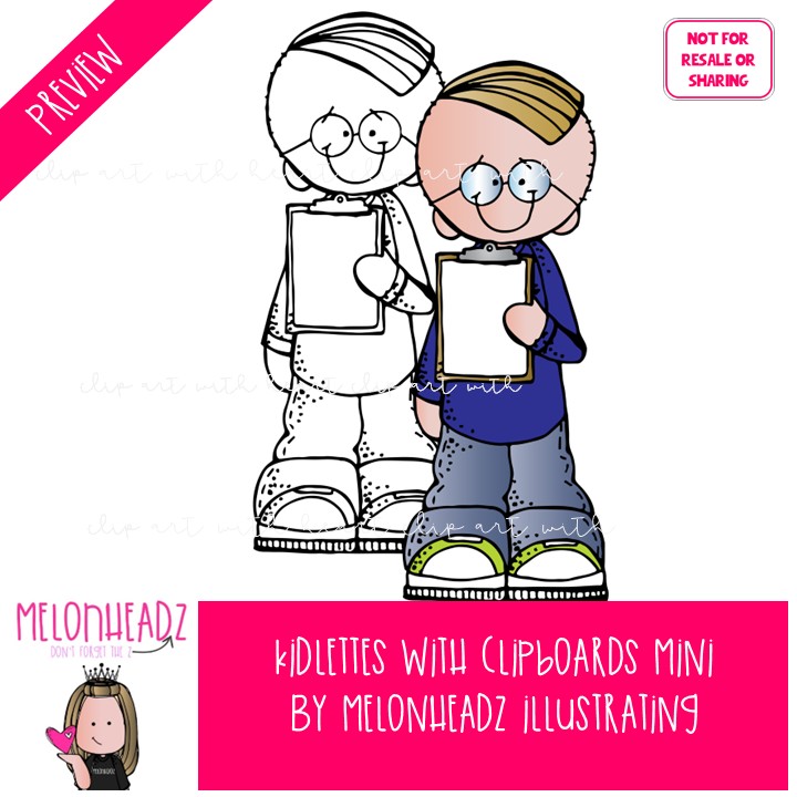 Kidlettes with clipboards clip art, writing Mini - Image 2