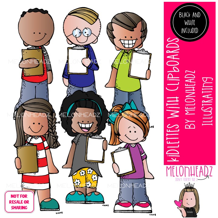 Kidlettes with clipboards clip art, writing Mini