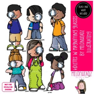 Kidlettes with magnifying glasses clip art, science Mini
