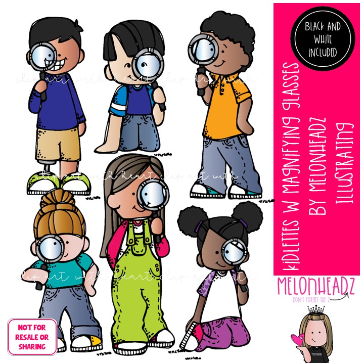 Kidlettes with magnifying glasses clip art, science Mini