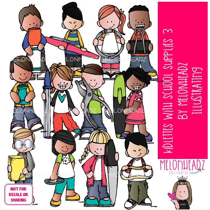 Kidlettes With School Supplies 3 clip art, office supplies, marker COLORED Version