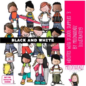Kidlettes With School Supplies 3 clip art, office supplies, marker BLACK AND WHITE