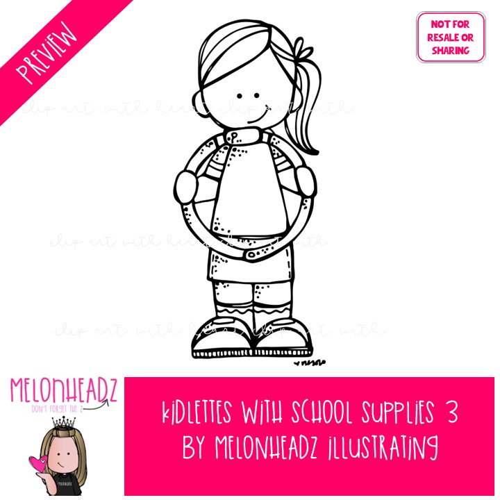 Kidlettes With School Supplies 3 clip art, office supplies, marker BLACK AND WHITE - Image 2