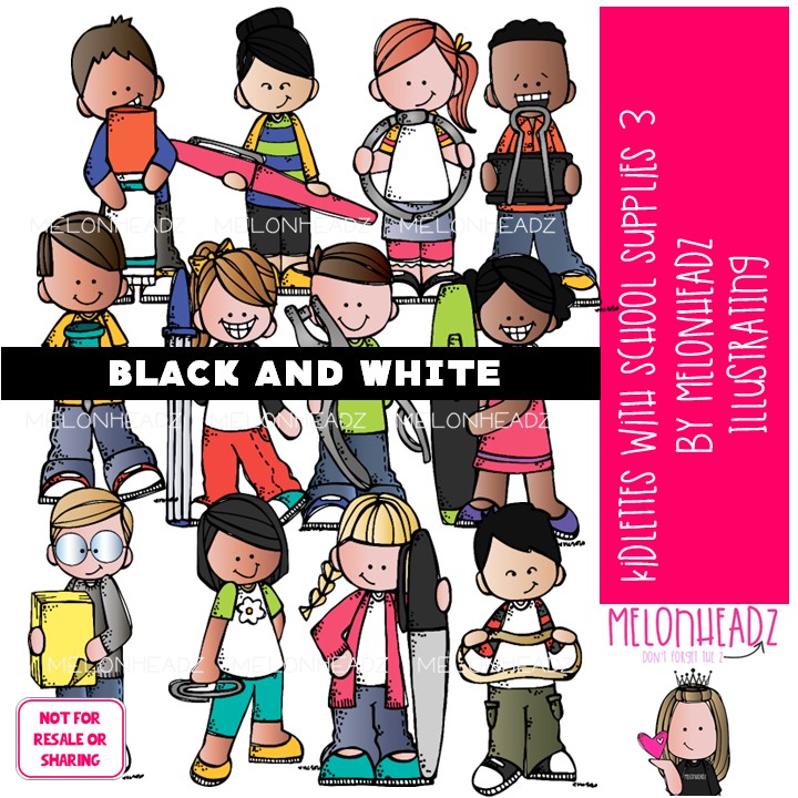 Kidlettes With School Supplies 3 clip art, office supplies, marker BLACK AND WHITE