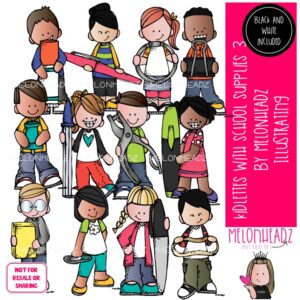 Kidlettes with school supplies 3 clip art, office supplies, marker COMBO PACK