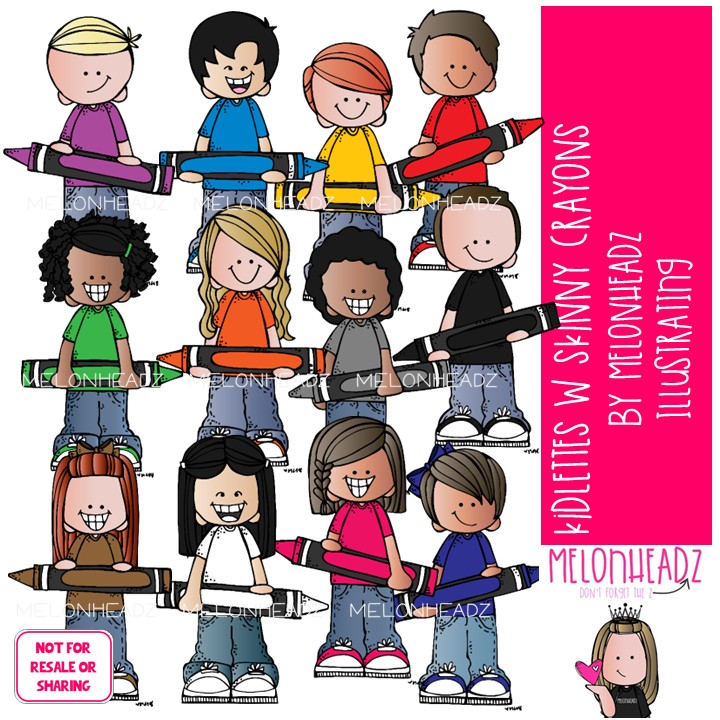 Kidlettes With Skinny Crayons clip art, school supplies, colors COLORED Version