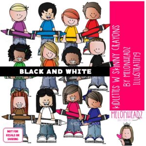 Kidlettes With Skinny Crayons clip art, school supplies, colors BLACK AND WHITE