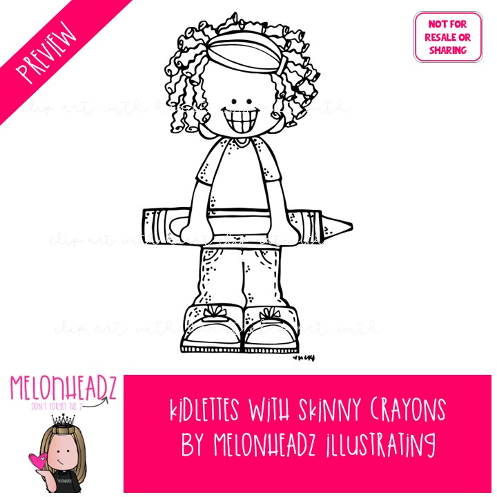 Kidlettes With Skinny Crayons clip art, school supplies, colors BLACK AND WHITE - Image 2