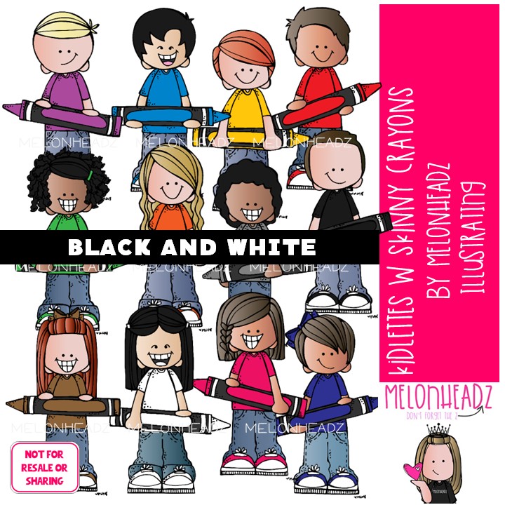Kidlettes With Skinny Crayons clip art, school supplies, colors BLACK AND WHITE