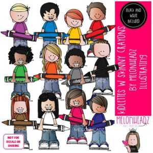 Kidlettes with Skinny Crayons clip art, school supplies, colors COMBO PACK