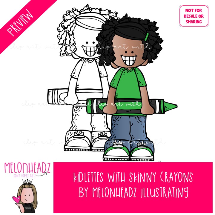 Kidlettes with Skinny Crayons clip art, school supplies, colors COMBO PACK - Image 2