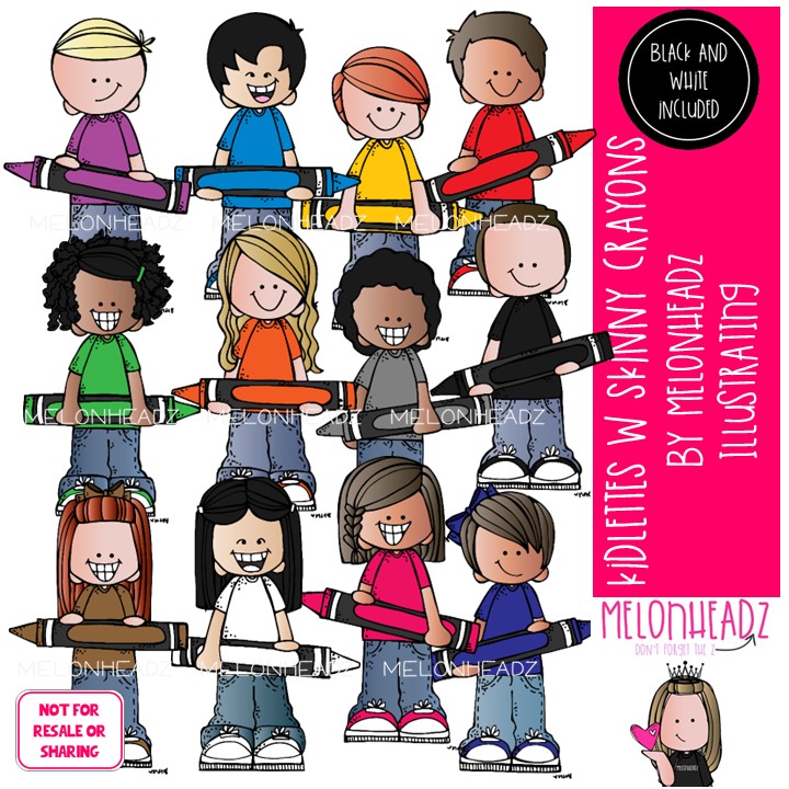 Kidlettes with Skinny Crayons clip art, school supplies, colors COMBO PACK