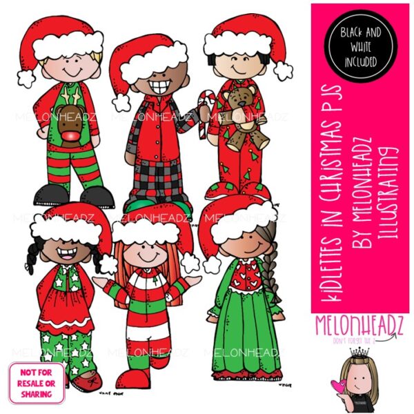 Kidlettes in Christmas pajamas clip art Mini - Melonheadz