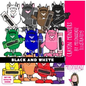 Crayon Monsters clip art, colors, teach BLACK AND WHITE
