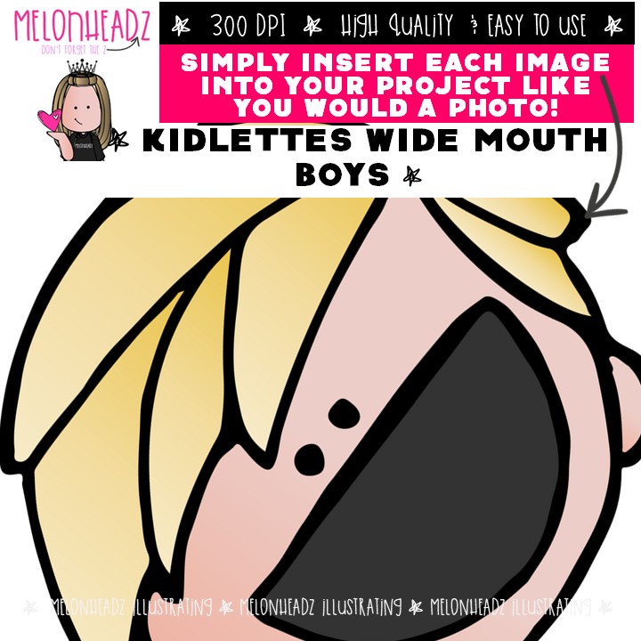 Kidlettes clip art, Wide Mouthed Boys, open, greater less than COLORED Version - Image 3