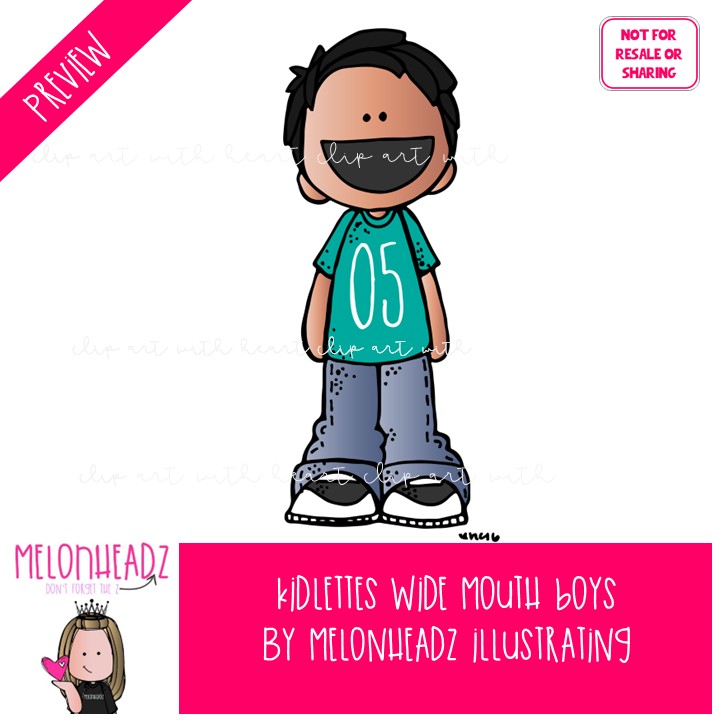 Kidlettes clip art, Wide Mouthed Boys, open, greater less than COLORED Version - Image 2