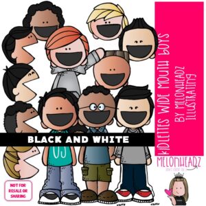 Kidlettes clip art, Wide Mouthed Boys, open, greater less than BLACK AND WHITE