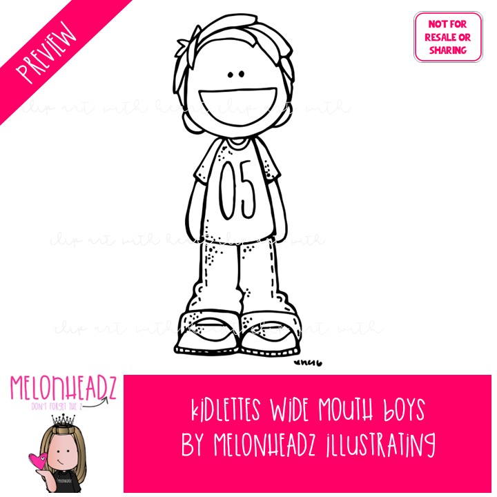 Kidlettes clip art, Wide Mouthed Boys, open, greater less than BLACK AND WHITE - Image 2