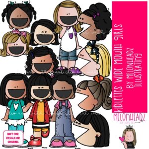 Kidlettes clip art, Wide Mouthed Girls, open, greater less than COLORED Version