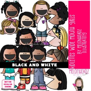 Kidlettes clip art, Wide Mouthed Girls, open, greater less than BLACK AND WHITE