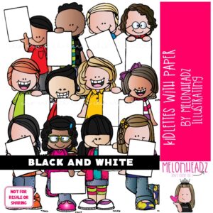 Kidlettes With Paper clip art, blank, frame BLACK AND WHITE